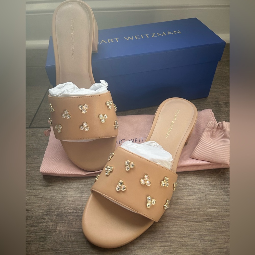 NIB Stuart Weitzman Tammy Crystal Slides Shoes Tan/Golden Beige Sz 7.5